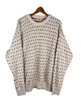 Vintage 90s Beige Knit Grandpa Sweater, Cotton Blend, Crewneck